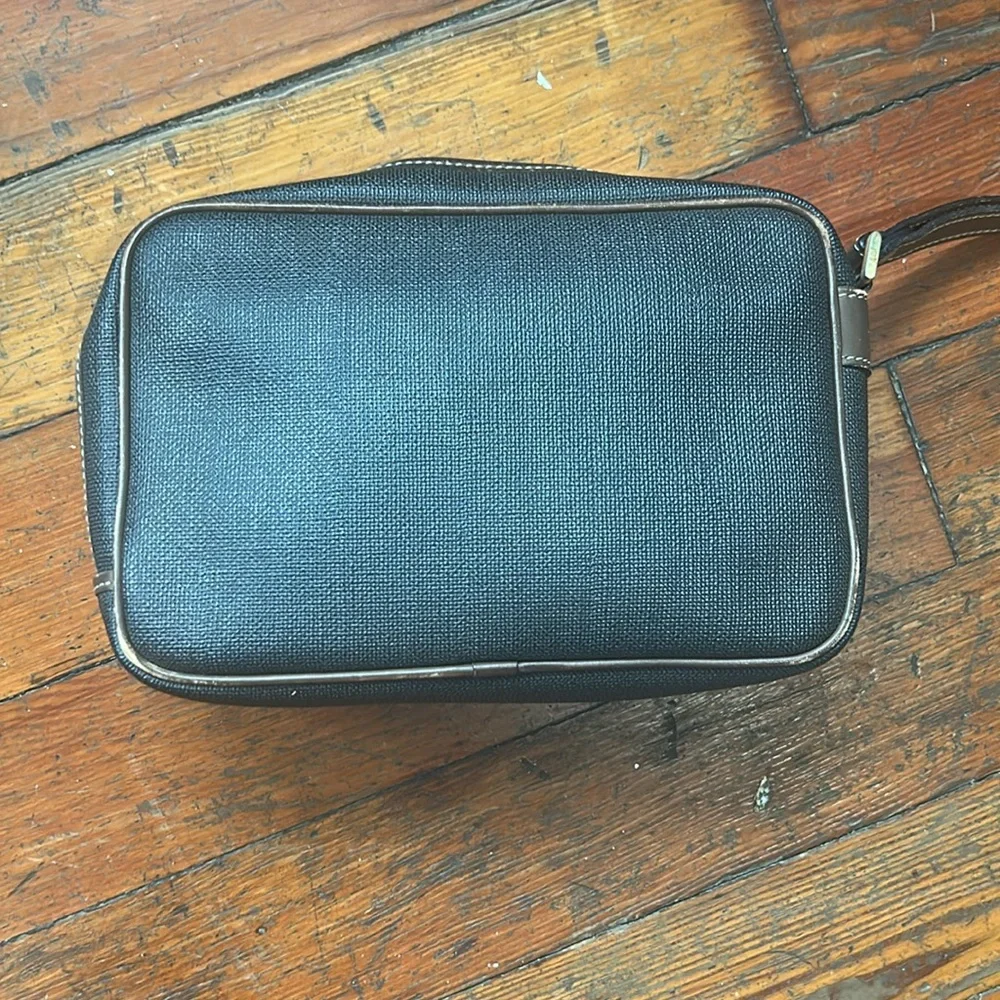 Dunhill Clutch Travel Bag Charcoal Gray Brown Leather Gold